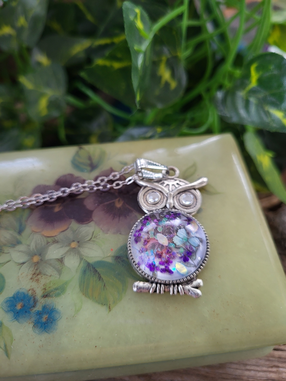 Handmade Silver Toned Owl Pendant Necklace with Purple Floral Under Glass